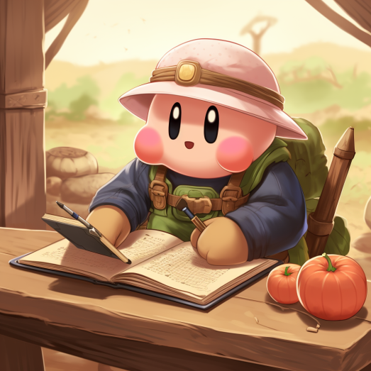 Figure 1: What have I done? And why this blogging gardener Kirby has mumps? (Midjourney prompt: farmer kirby writing in a notebook, anime style)